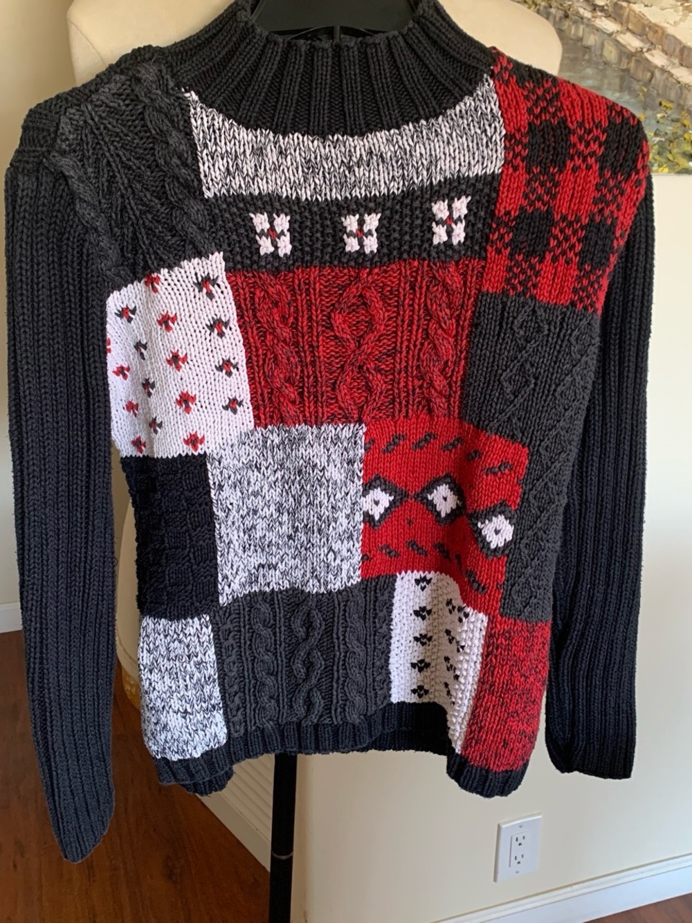 Liz Claiborne Patchwork Cable Knit Sweater - Black, Red, White, like new conditi